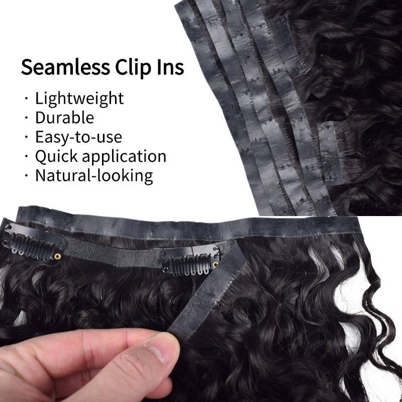 PU Clip In Hair Extensions - #1B Burmese Curly Human Hair