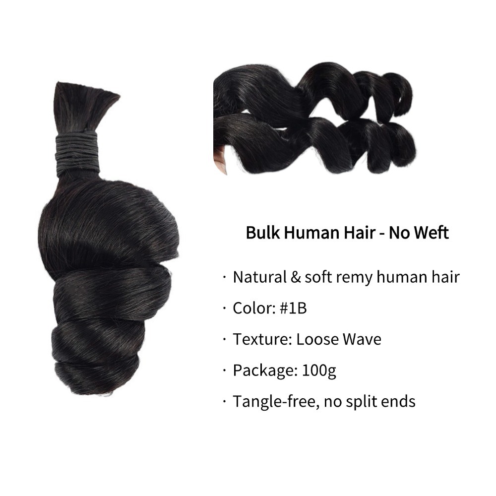 Bulk Human Hair - #1B Black Loose Wave Braiding Hair