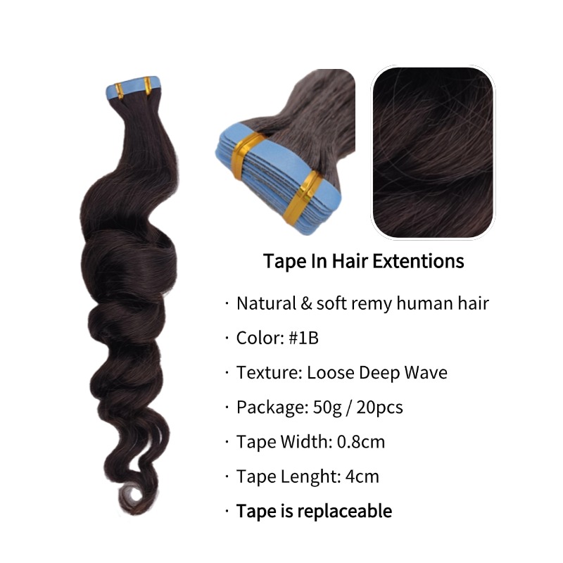 Tape In Hair Extensions - #1B Loose Deep Wave Human Hair