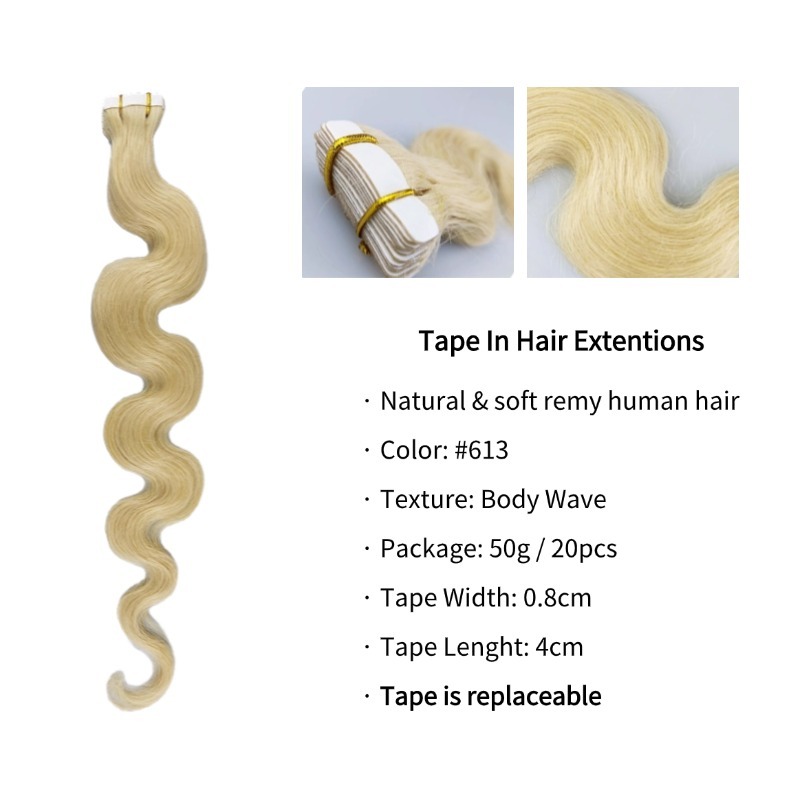 Tape In Hair Extensions - #613 Body Wave Human Hair
