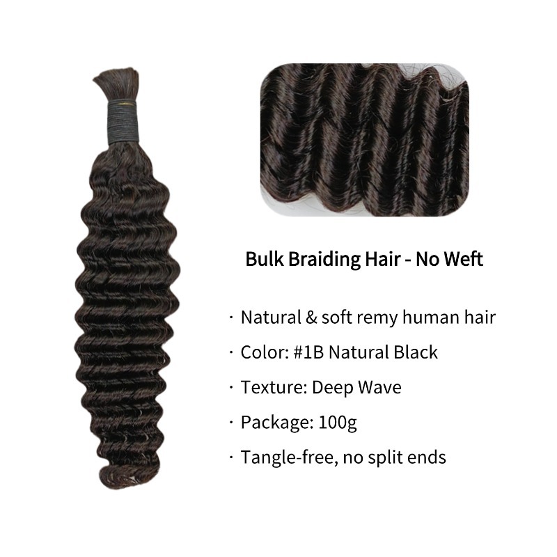Deep Wave Bulk Human Hair - #1B Black Braiding Hair