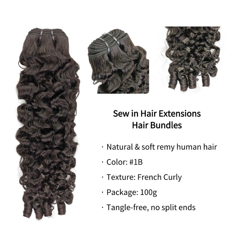 Sew In Hair Extensions - #1B French Curly Human Hair Bundles