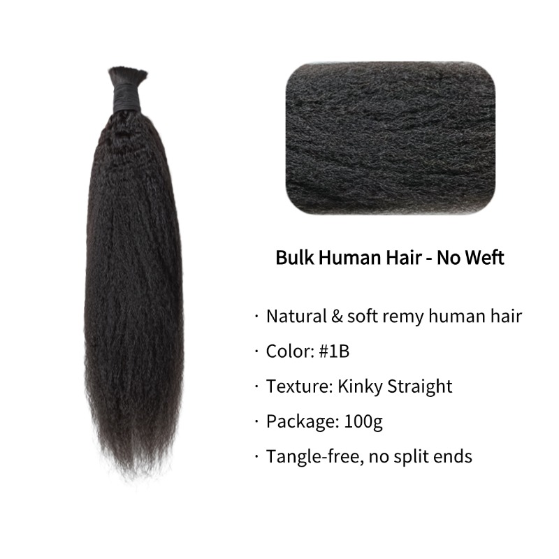 Kinky Straight Bulk Human Hair - #1B Braiding Hair