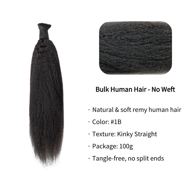 Kinky Straight Bulk Human Hair - #1B Braiding Hair