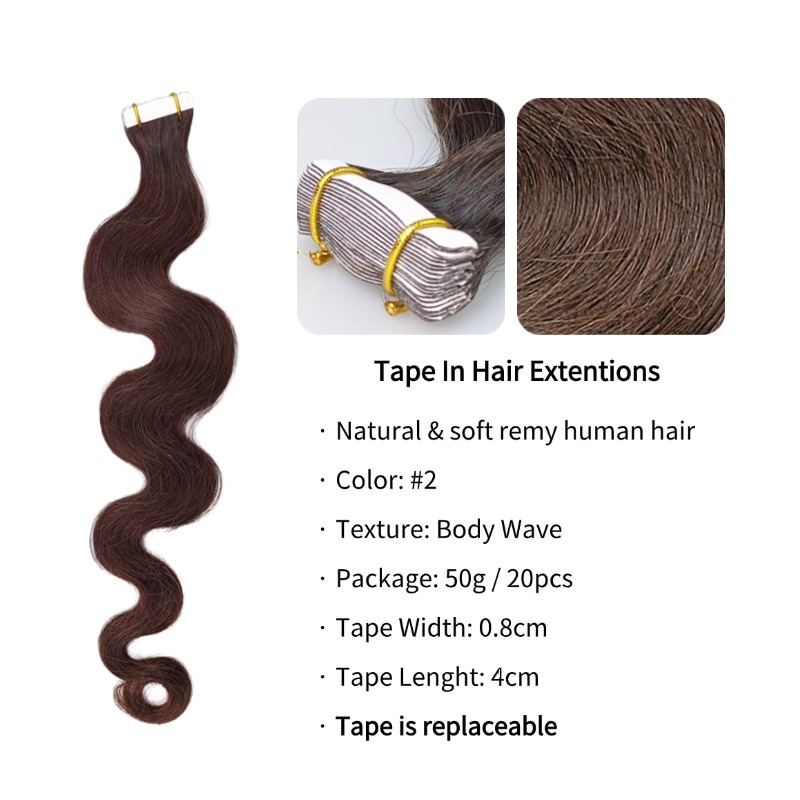 Tape In Hair Extensions - #2 Body Wave Human Hair