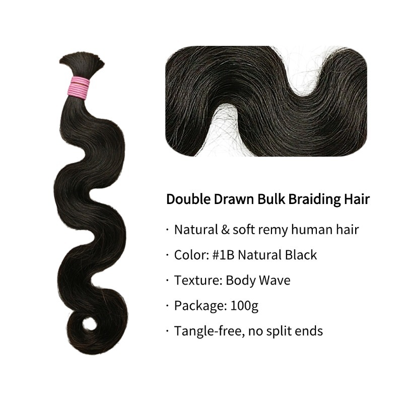 Body Wave Bulk Human Hair - #1B Double Drawn Braiding Hair
