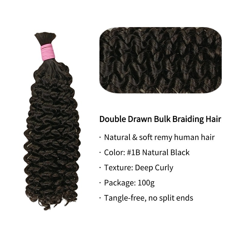 Deep Curly Bulk Human Hair - #1B Double Drawn Braiding Hair