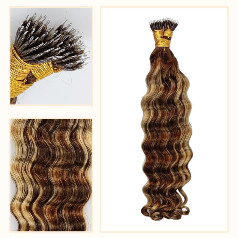 Nano Ring Hair Extensions - #T4/27/P4 Loose Deep Wave Human Hair