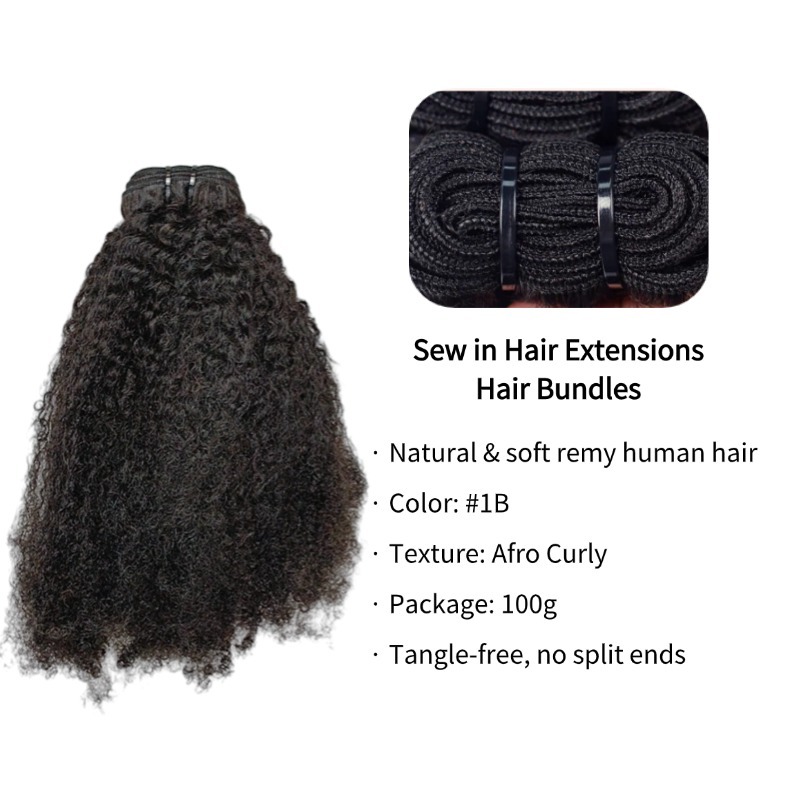 Sew In Hair Extensions - #1B Afro Curly Human Hair Bundles