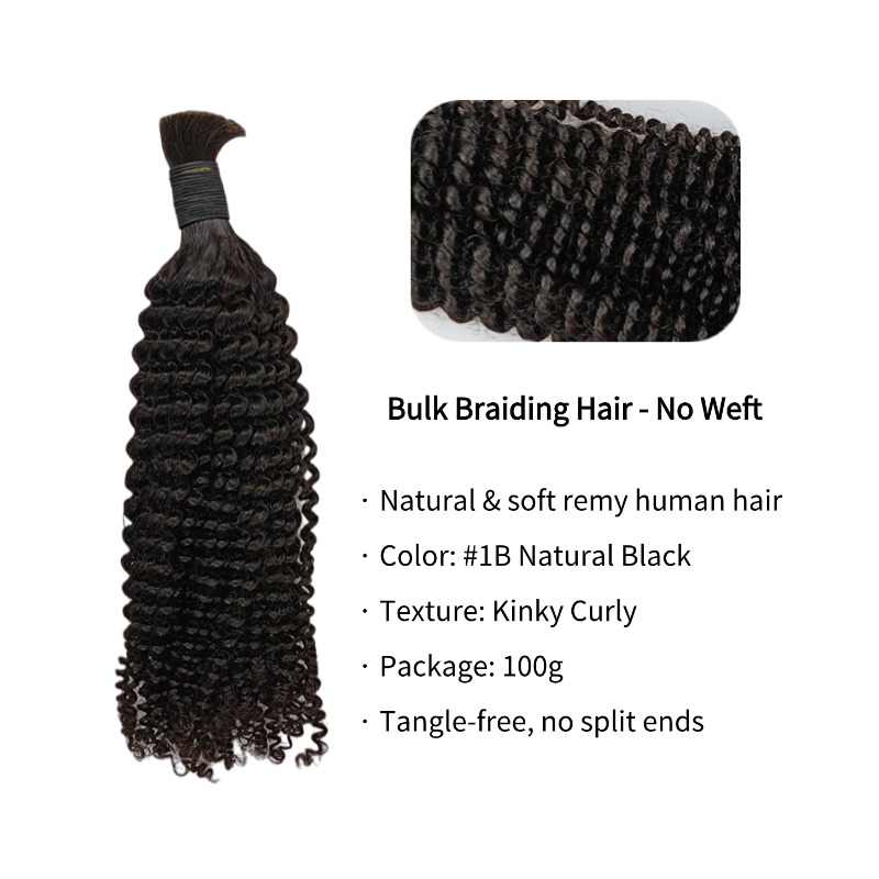 Kinky Curly Bulk Human Hair - #1B Black Braiding Hair