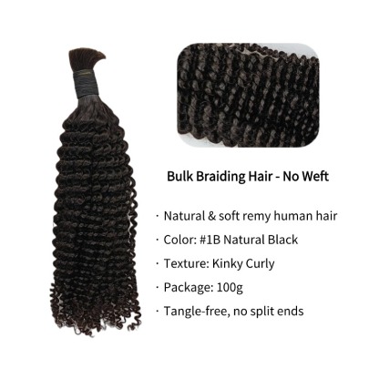 Kinky Curly Bulk Human Hair - #1B Black Braiding Hair