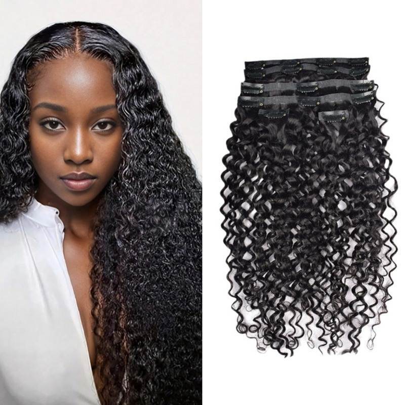 PU Clip In Hair Extensions - #1B Deep Curly Human Hair