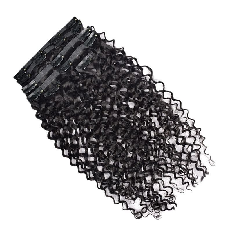 PU Clip In Hair Extensions - #1B Deep Curly Human Hair