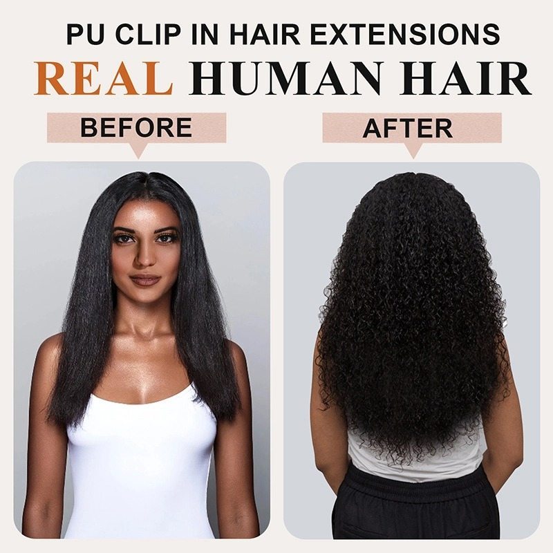 PU Clip In Hair Extensions - #1B Deep Curly Human Hair