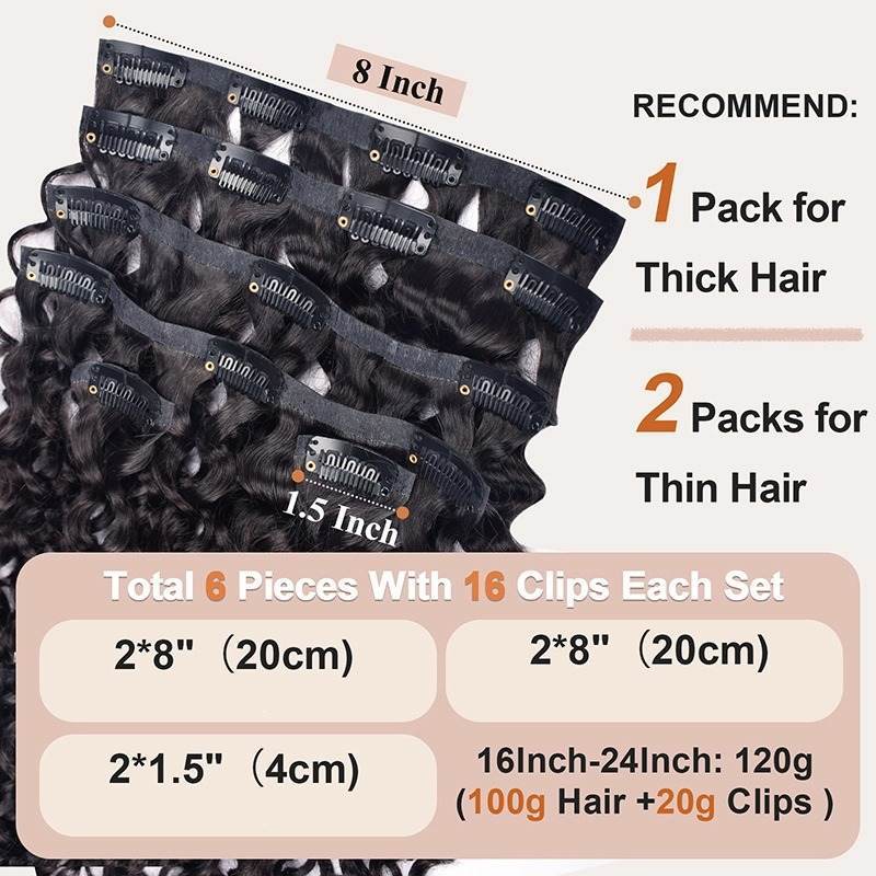 PU Clip In Hair Extensions - #1B Deep Curly Human Hair