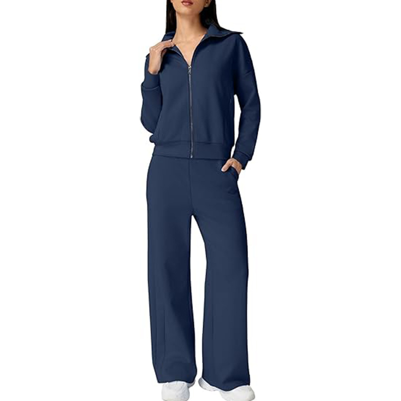 Women's Cotton 2 Piece Long Sleeve Zip Up Wide Leg Pants Tracksuit Sets
