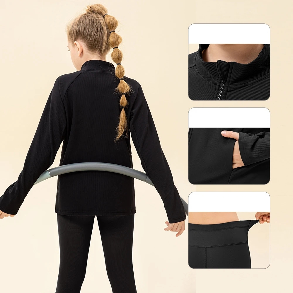 NWT 2 pcs Girls Kid Winter Fleece Jacket Breathable Stretch Top Thick & Dance Tight Kids Pant Children Yoga Sports Sets