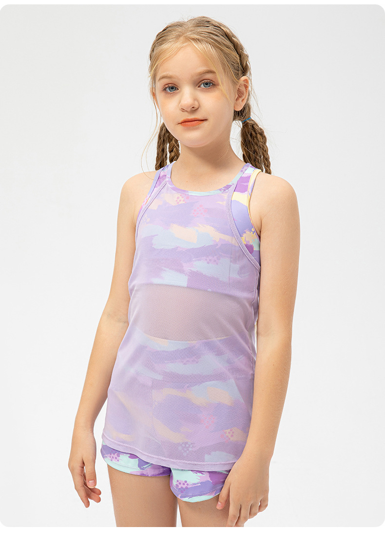 NWT 2 Pcs per set Girls Kid Cute Mesh Top Quick Dry Breathable Stretch Vest Kids Tank Top Children Yoga Shorts Dance Shorts