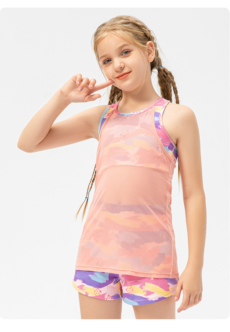 NWT 2 Pcs per set Girls Kid Cute Mesh Top Quick Dry Breathable Stretch Vest Kids Tank Top Children Yoga Shorts Dance Shorts