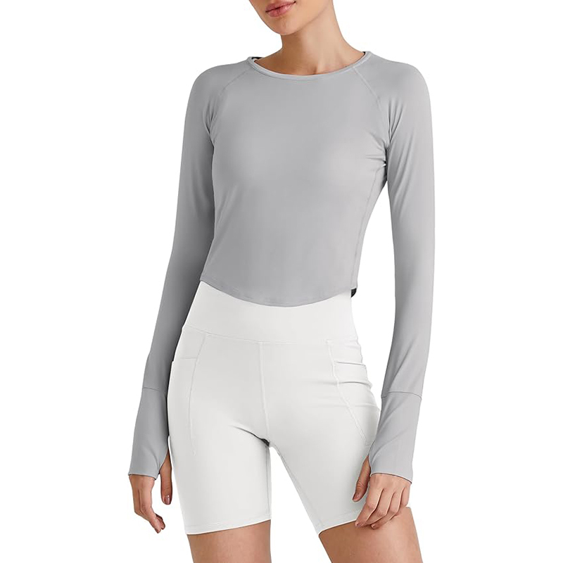 Women Long Sleeve Workout Tops Lightweight Crop Length Sun Shirts
