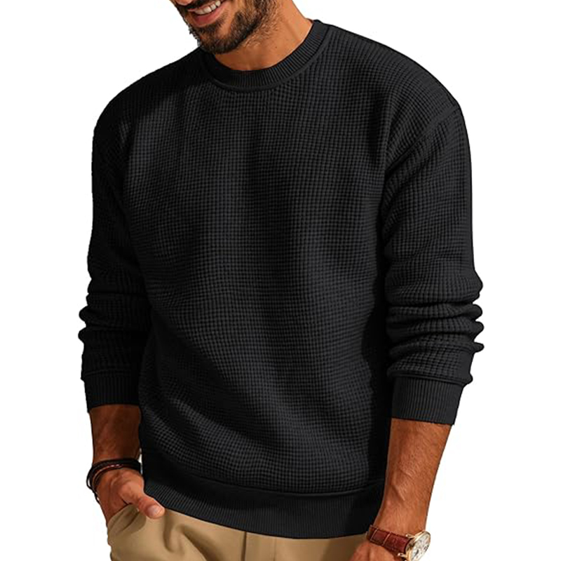 Mens Sweater Crewneck Waffle Pullover Sweater