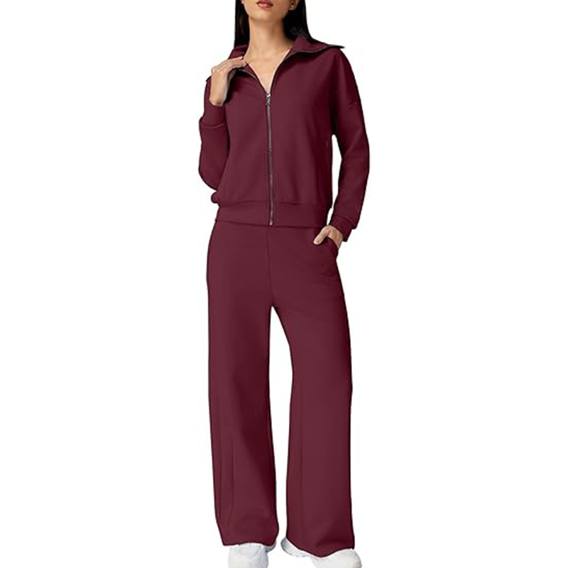 Women's Cotton 2 Piece Long Sleeve Zip Up Wide Leg Pants Tracksuit Sets