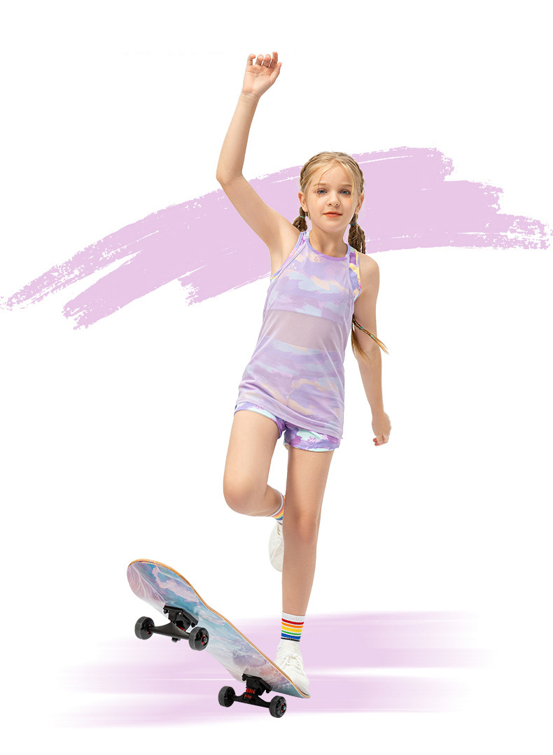 NWT 2 Pcs per set Girls Kid Cute Mesh Top Quick Dry Breathable Stretch Vest Kids Tank Top Children Yoga Shorts Dance Shorts