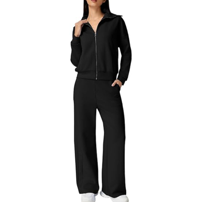 Women's Cotton 2 Piece Long Sleeve Zip Up Wide Leg Pants Tracksuit Sets