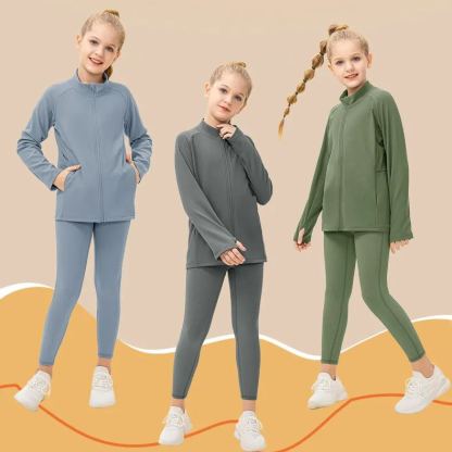 NWT 2 pcs Girls Kid Winter Fleece Jacket Breathable Stretch Top Thick & Dance Tight Kids Pant Children Yoga Sports Sets