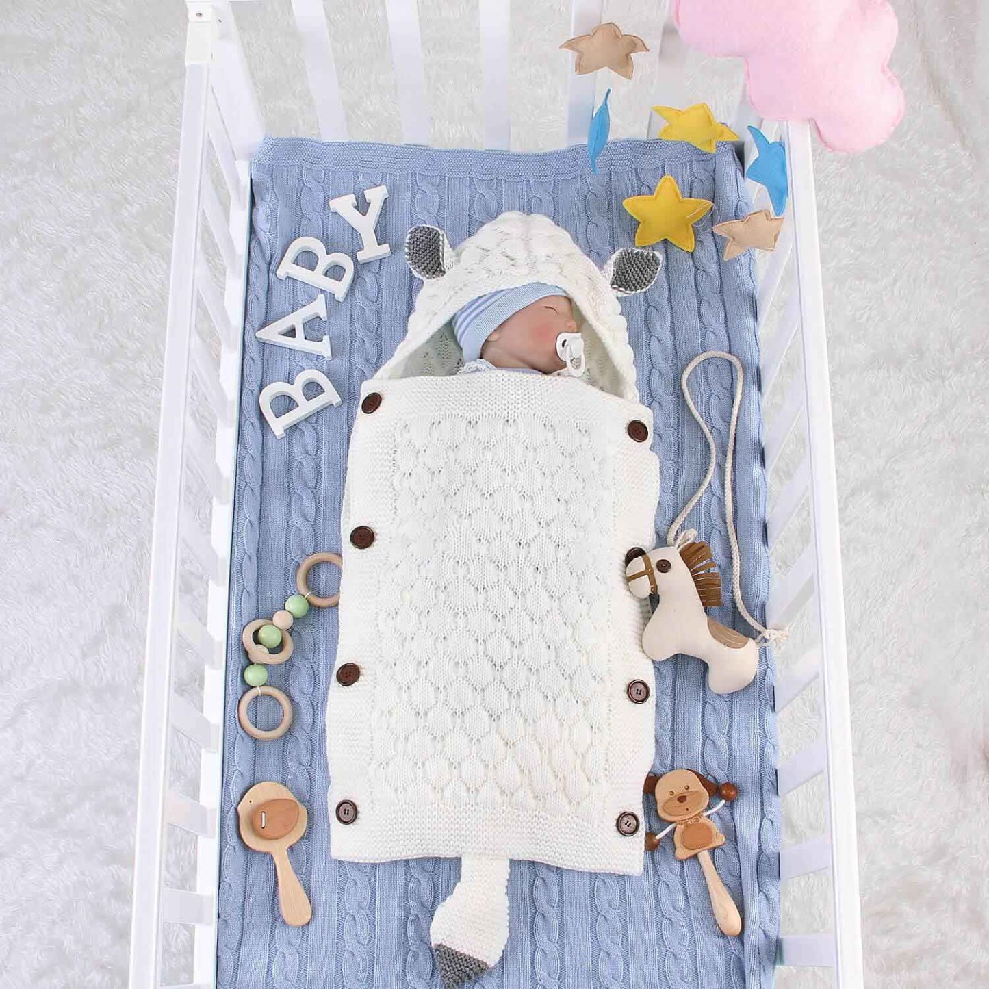 Newborn Anti-Kick Hooded Knitted Blanket