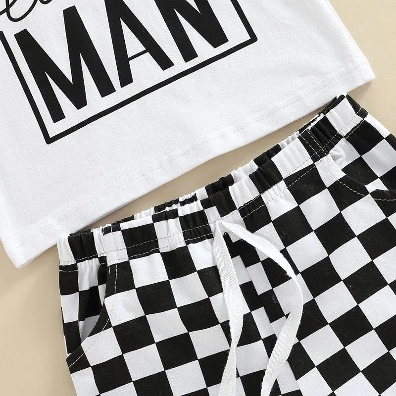 2 Piece Toddler plaid colorblock MAN print suit