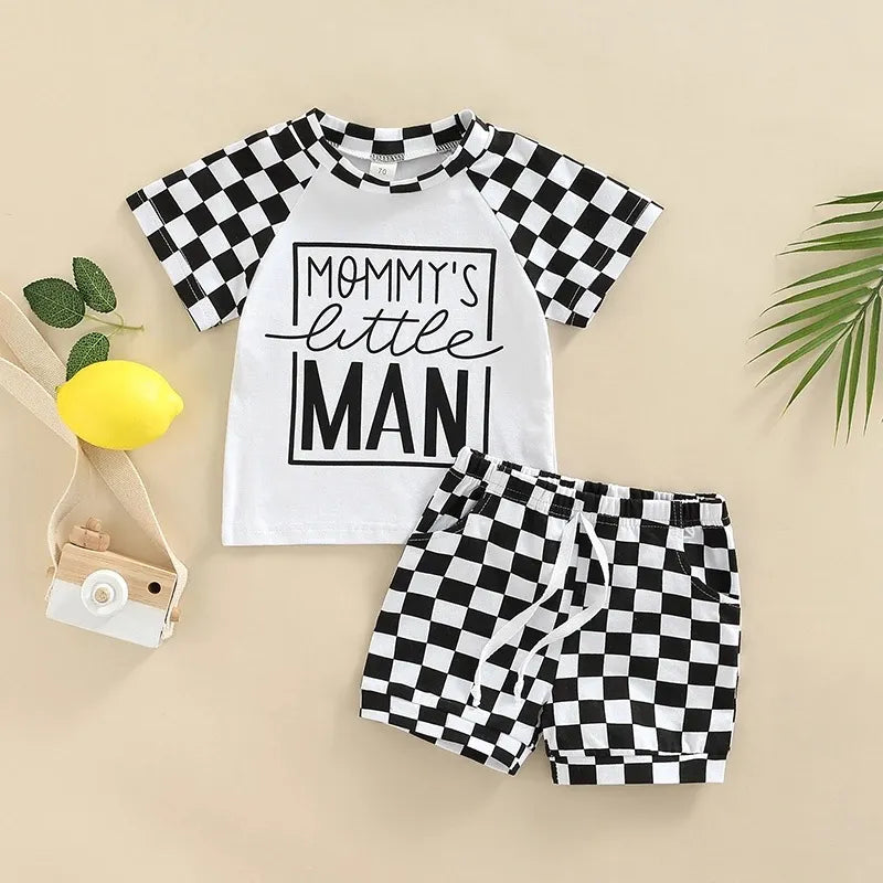 2 Piece Toddler plaid colorblock MAN print suit