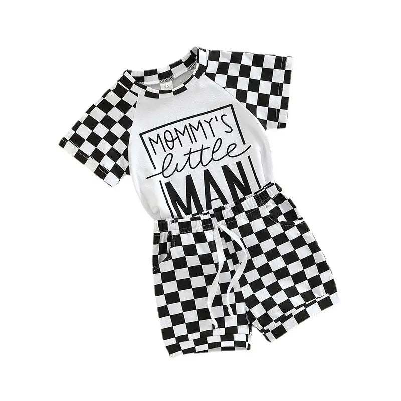 2 Piece Toddler plaid colorblock MAN print suit