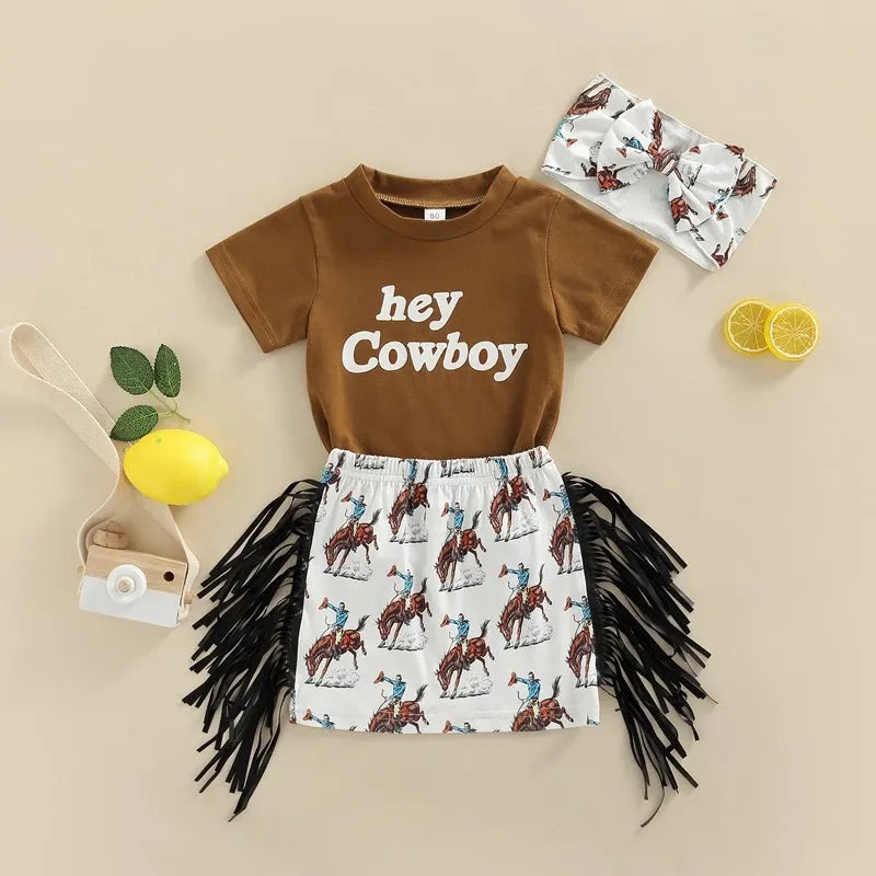 3 Piece Toddler cow print tassels suit