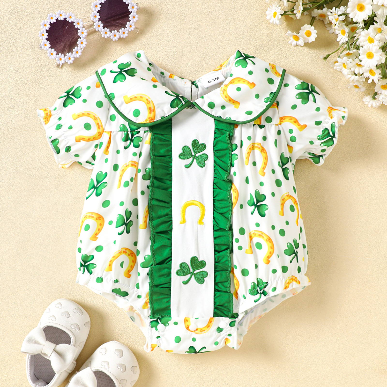 Cute Romper with Clover Embroidery and Print