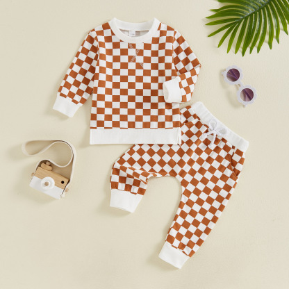 Boys’ Checkered Long Sleeve and Long Pants Two-Piece Set