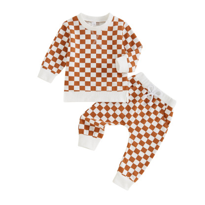 Boys’ Checkered Long Sleeve and Long Pants Two-Piece Set