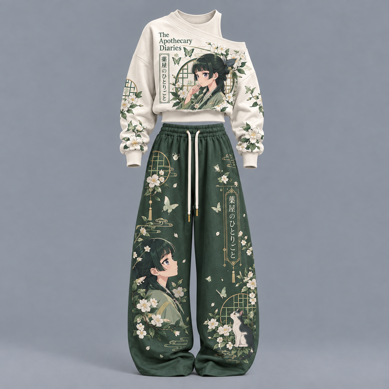 The Apothecary Diaries-Women's Asymmetric Off-Shoulder Cut-Out Sweatshirt & Wide-Leg Sweatpants 2-Piece Set