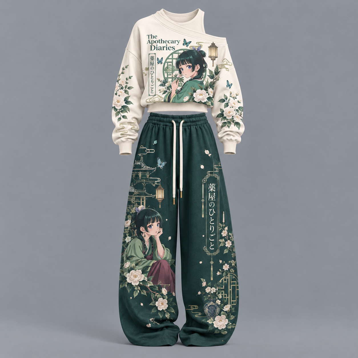 The Apothecary Diaries-Women's Asymmetric Off-Shoulder Cut-Out Sweatshirt & Wide-Leg Sweatpants 2-Piece Set