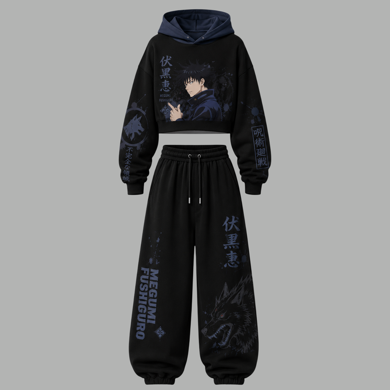 Jujutsu Kaisen Women's Cropped Long Sleeve Hoodie & High Waist Jogger Pants 2 Piece Tracksuit Set
