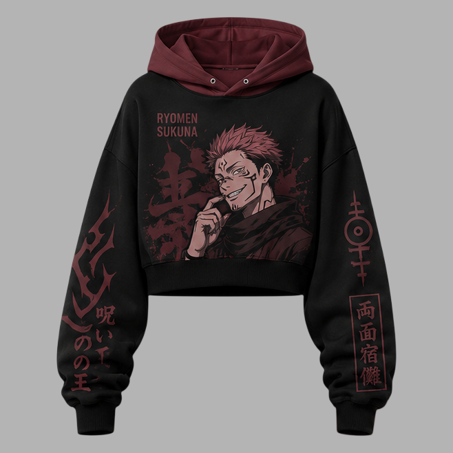 Jujutsu Kaisen Women's Cropped Long Sleeve Hoodie & High Waist Jogger Pants 2 Piece Tracksuit Set