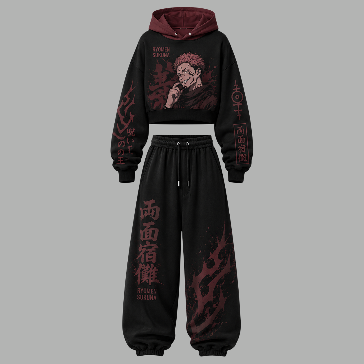 Jujutsu Kaisen Women's Cropped Long Sleeve Hoodie & High Waist Jogger Pants 2 Piece Tracksuit Set