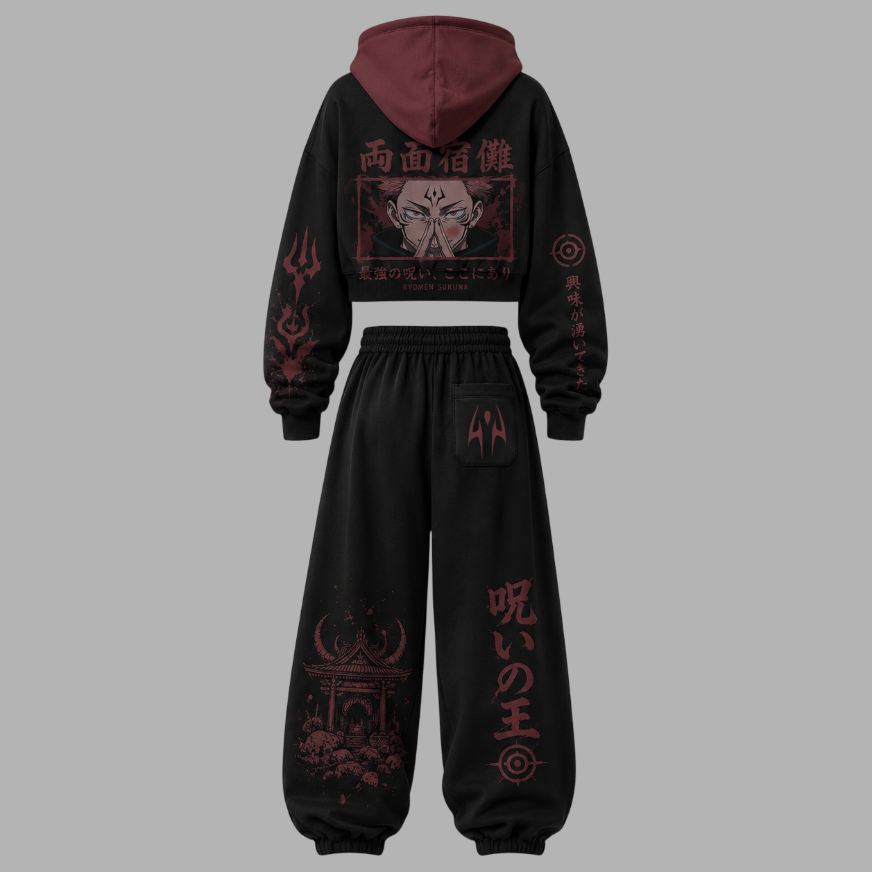 Jujutsu Kaisen Women's Cropped Long Sleeve Hoodie & High Waist Jogger Pants 2 Piece Tracksuit Set
