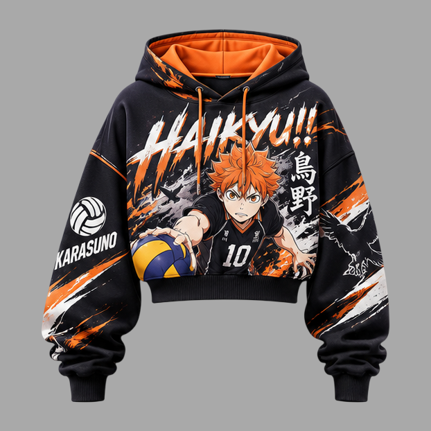 Haikyuu!! Women's Cropped Long Sleeve Hoodie & High Waist Jogger Pants 2 Piece Tracksuit Set