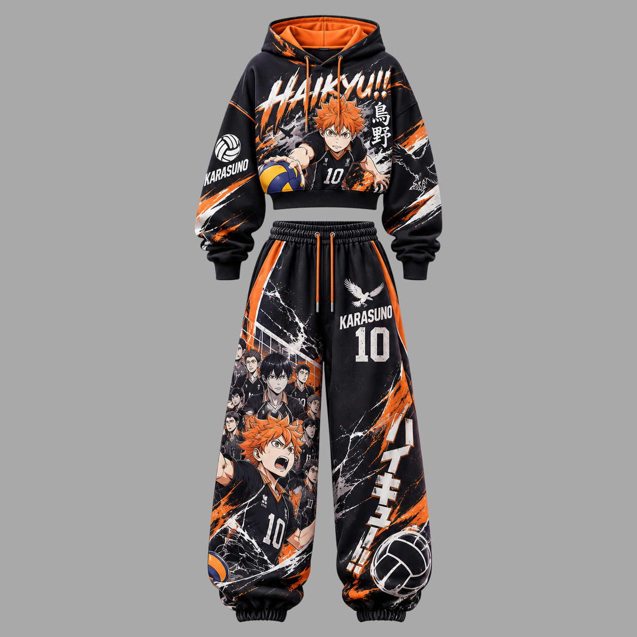 Haikyuu!! Women's Cropped Long Sleeve Hoodie & High Waist Jogger Pants 2 Piece Tracksuit Set
