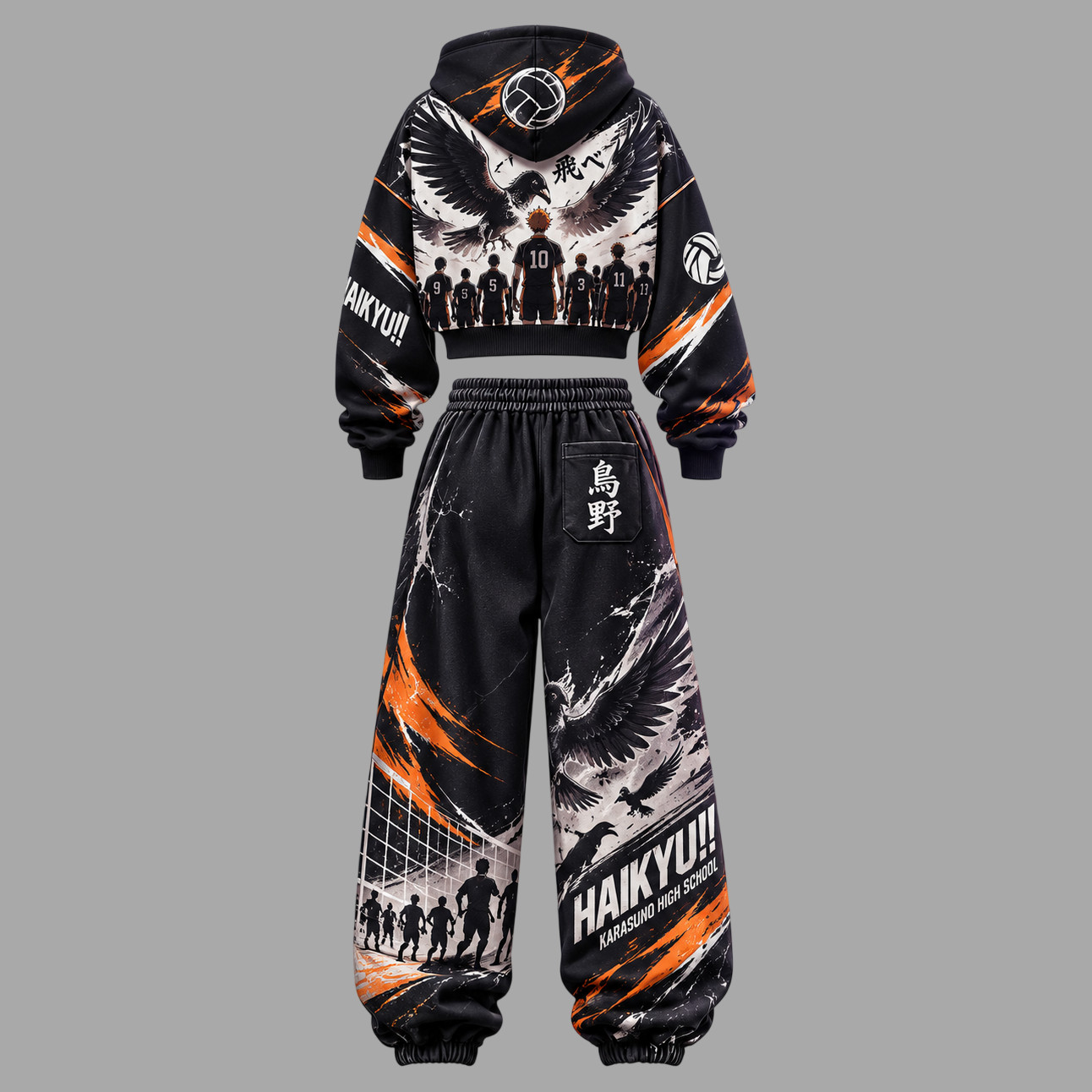 Haikyuu!! Women's Cropped Long Sleeve Hoodie & High Waist Jogger Pants 2 Piece Tracksuit Set