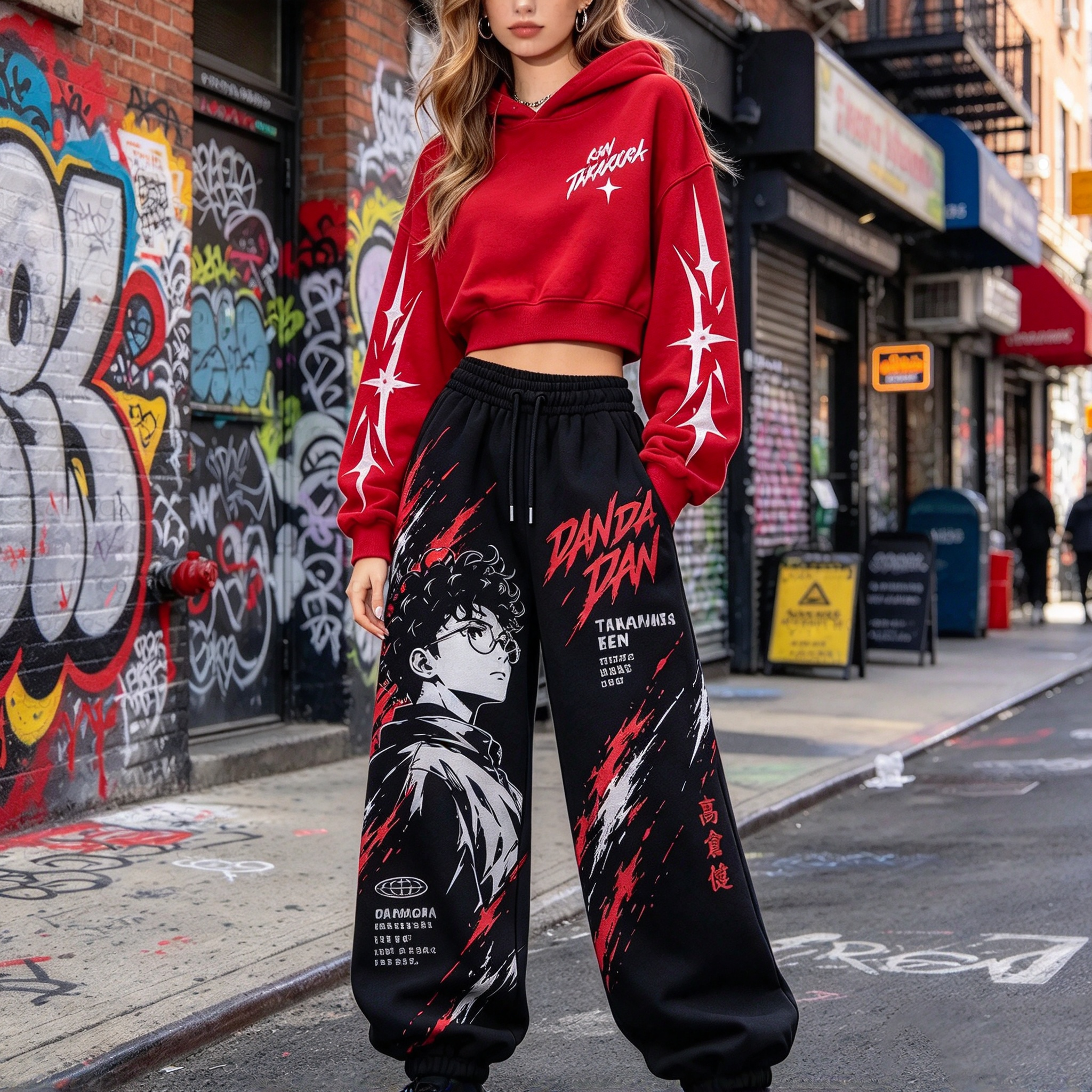 Dandadan Women's Cropped Long Sleeve Hoodie & High Waist Jogger Pants 2 Piece Tracksuit Set