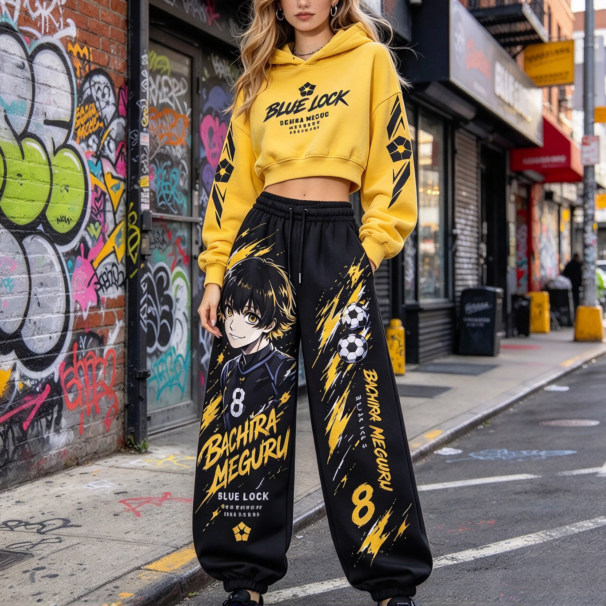 BLUE LOCK Women's Cropped Long Sleeve Hoodie & High Waist Jogger Pants 2 Piece Tracksuit Set