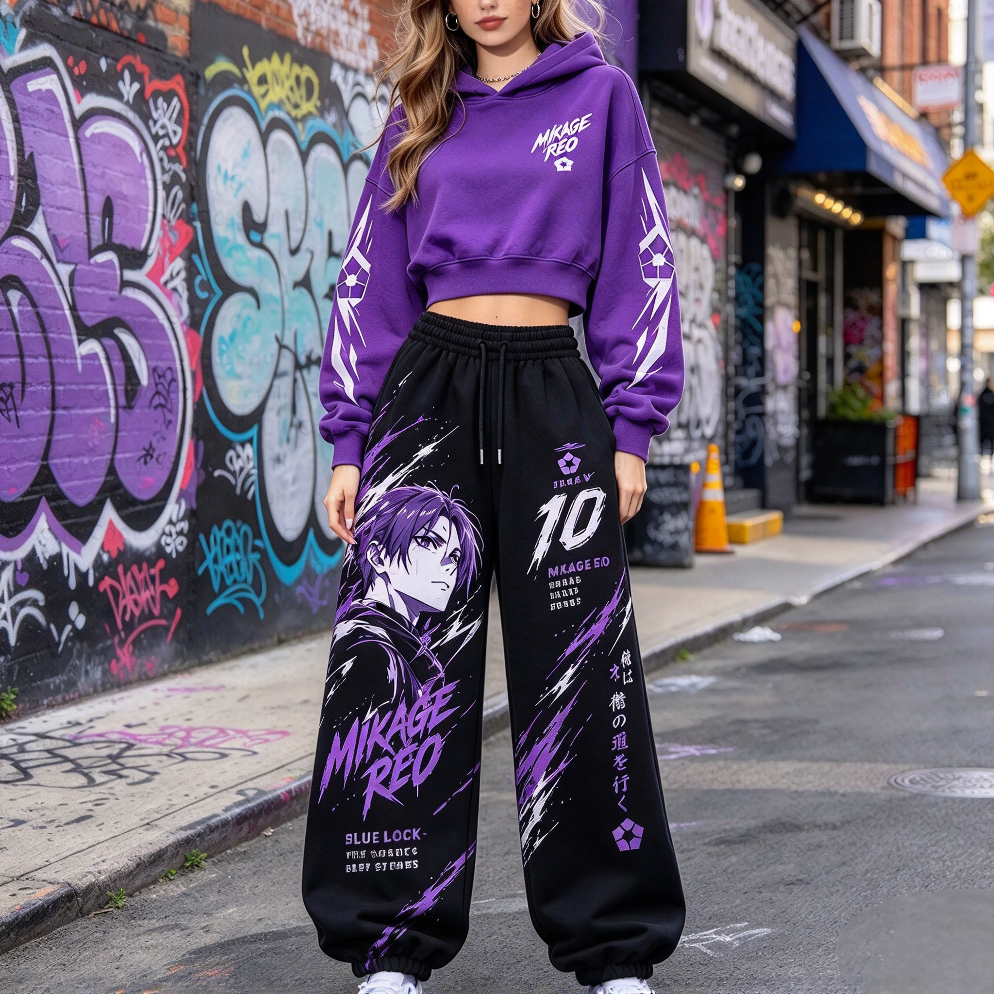 BLUE LOCK Women's Cropped Long Sleeve Hoodie & High Waist Jogger Pants 2 Piece Tracksuit Set