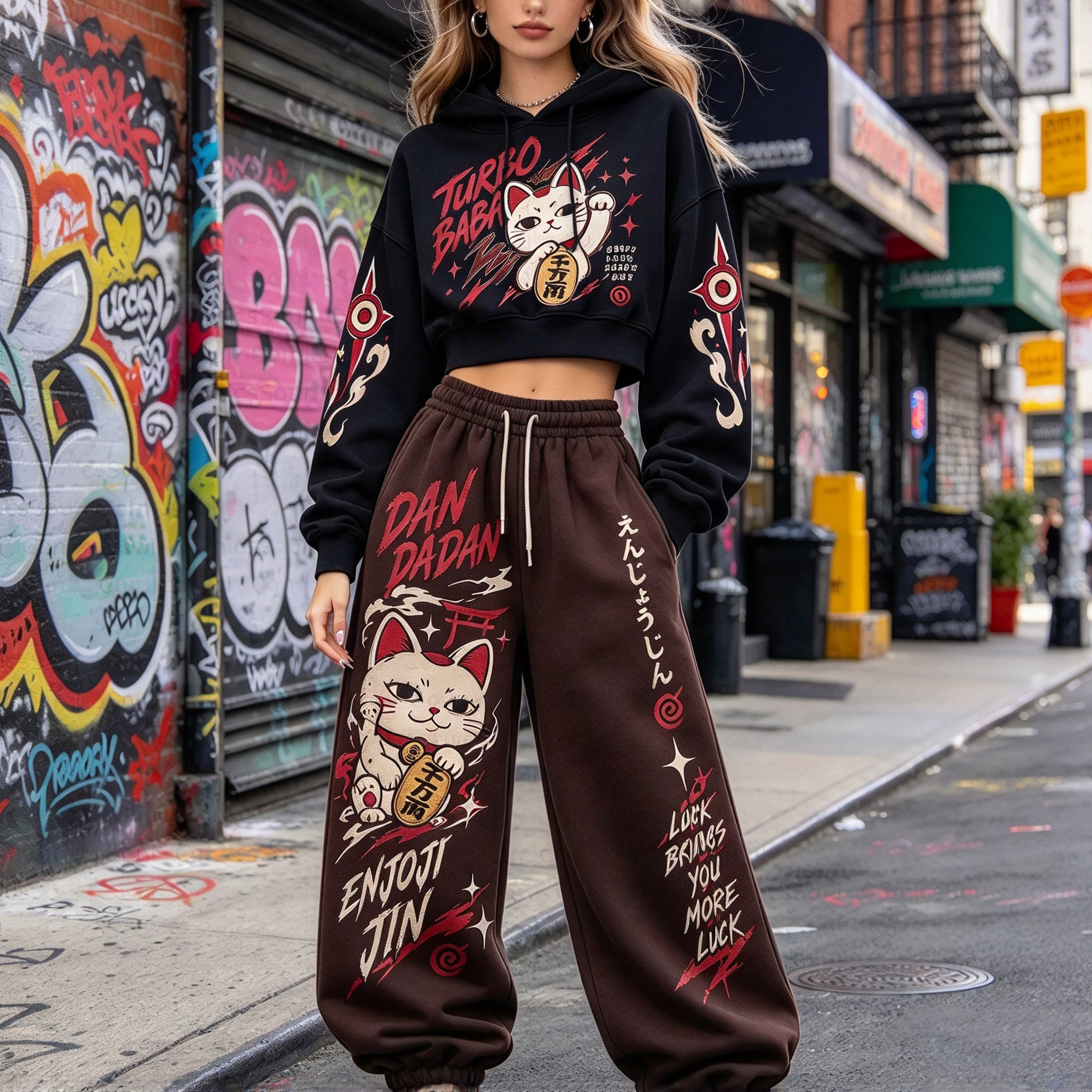 Dandadan Women's Cropped Long Sleeve Hoodie & High Waist Jogger Pants 2 Piece Tracksuit Set